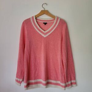 Talbots 100% Linen Pink and White V-Neck Sweater Prep Long Sleeve M